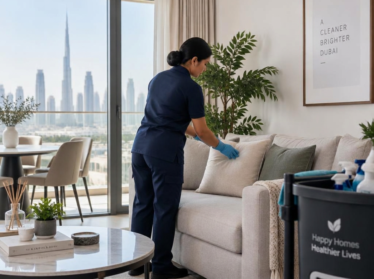 Cleaner tidying a bright modern Dubai apartment living room