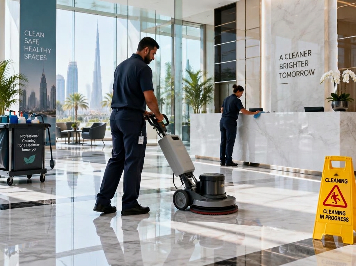 Cleaning team polishing a modern commercial lobby in Dubai